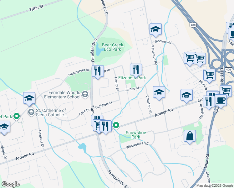 map of restaurants, bars, coffee shops, grocery stores, and more near 48 Porritt Street in Barrie