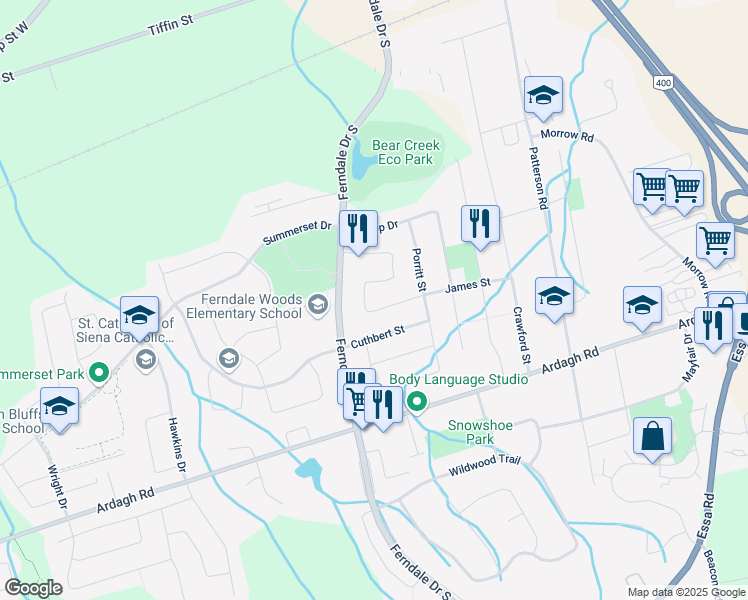map of restaurants, bars, coffee shops, grocery stores, and more near 78 James Street in Barrie
