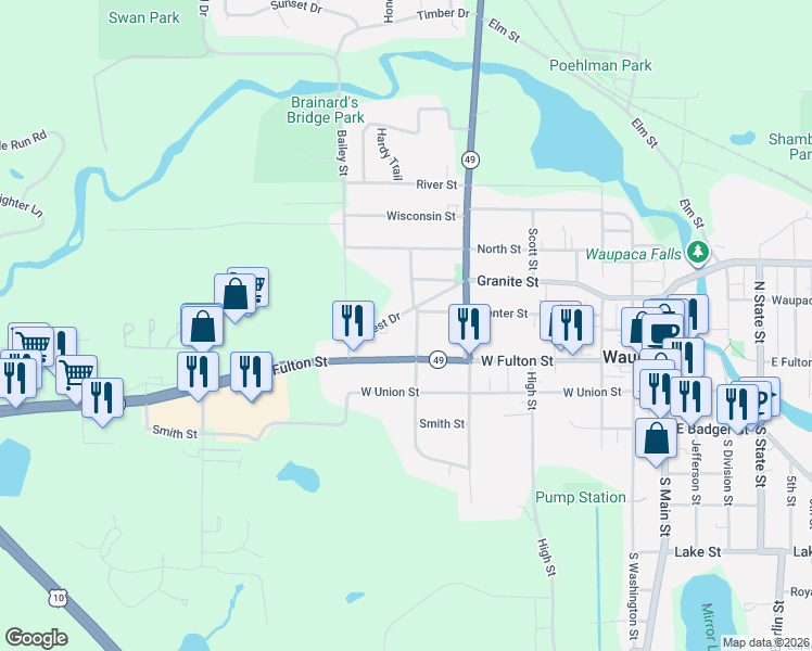 map of restaurants, bars, coffee shops, grocery stores, and more near 205 North Morton Street in Waupaca