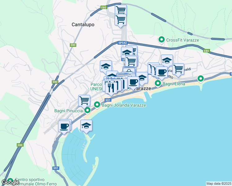 map of restaurants, bars, coffee shops, grocery stores, and more near 15 Via Buranello in Varazze