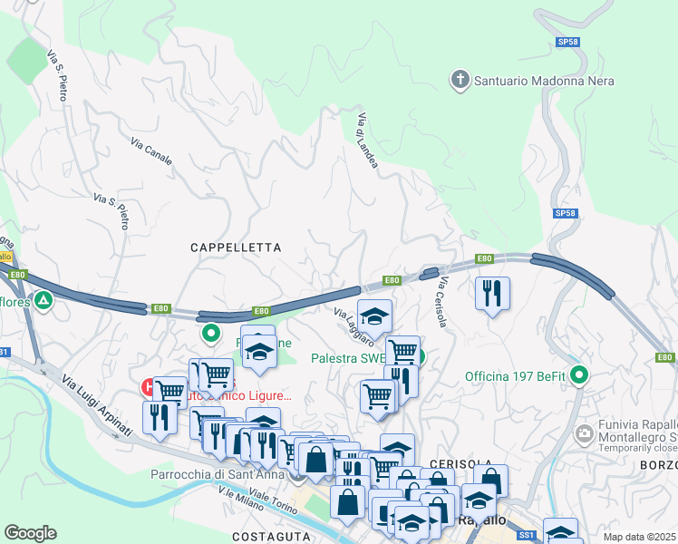 map of restaurants, bars, coffee shops, grocery stores, and more near 28 Via del Molinello in Rapallo