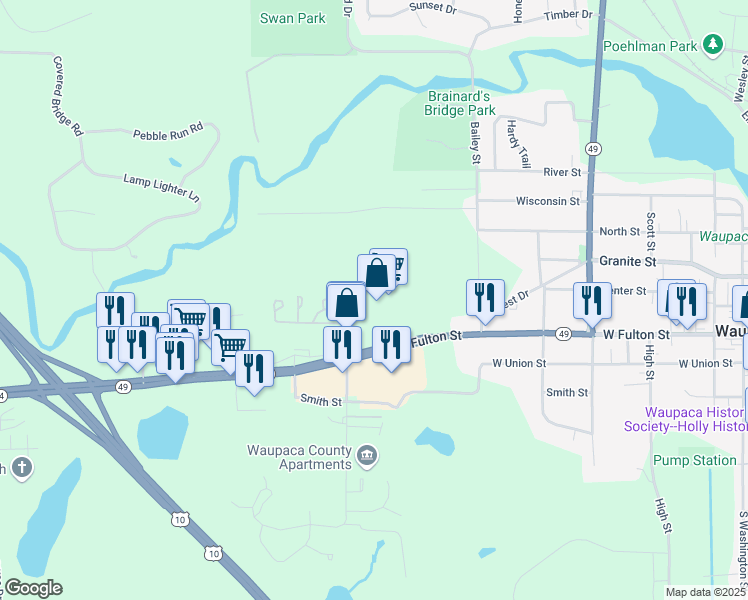 map of restaurants, bars, coffee shops, grocery stores, and more near 830 West Fulton Street in Waupaca