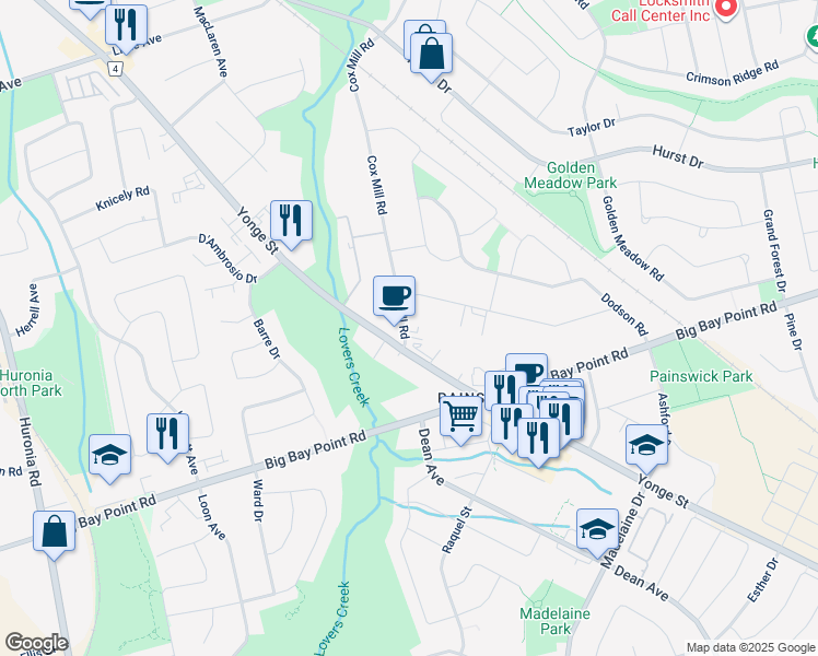 map of restaurants, bars, coffee shops, grocery stores, and more near 202 Cox Mill Road in Barrie