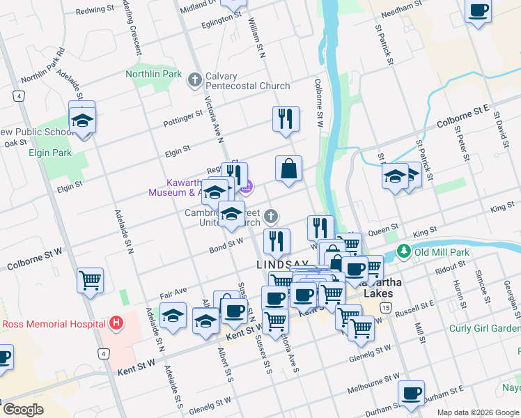 map of restaurants, bars, coffee shops, grocery stores, and more near 23 Francis Street in Kawartha Lakes