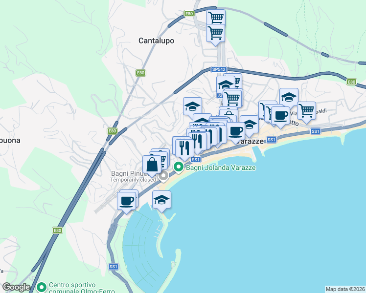 map of restaurants, bars, coffee shops, grocery stores, and more near 11 Via Roma in Varazze
