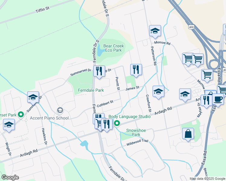 map of restaurants, bars, coffee shops, grocery stores, and more near 48 James Street in Barrie