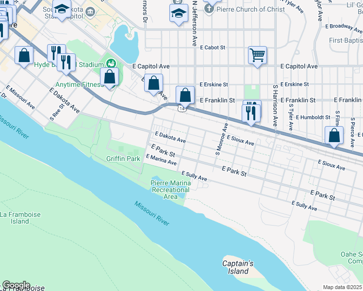 map of restaurants, bars, coffee shops, grocery stores, and more near S Jefferson Ave in Pierre