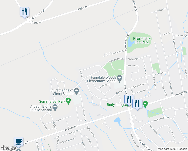 map of restaurants, bars, coffee shops, grocery stores, and more near 65 Summerset Drive in Barrie