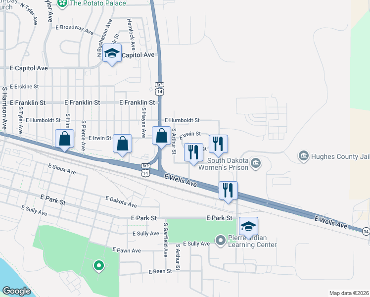 map of restaurants, bars, coffee shops, grocery stores, and more near East Kay Street in Pierre