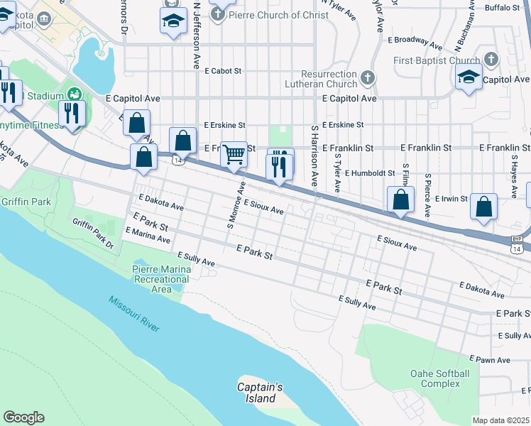 map of restaurants, bars, coffee shops, grocery stores, and more near 1310 E Sioux Ave in Pierre