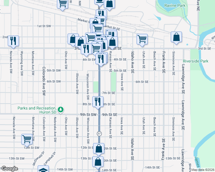 map of restaurants, bars, coffee shops, grocery stores, and more near 601 Kansas Avenue Southeast in Huron