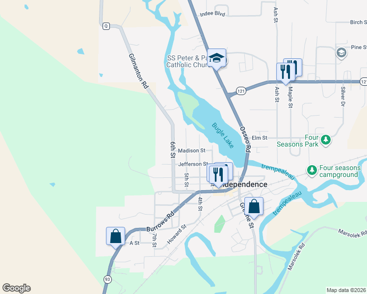 map of restaurants, bars, coffee shops, grocery stores, and more near 35746 5th Street in Independence