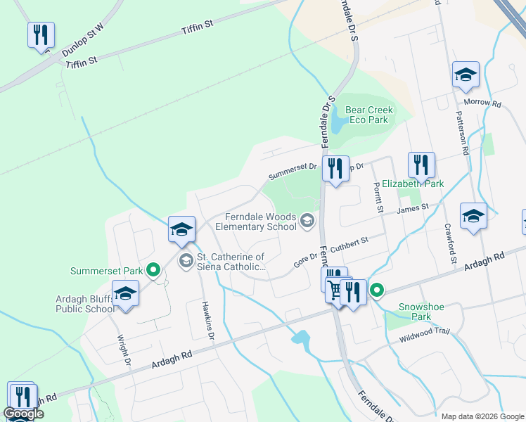map of restaurants, bars, coffee shops, grocery stores, and more near 6 Peter Street in Barrie