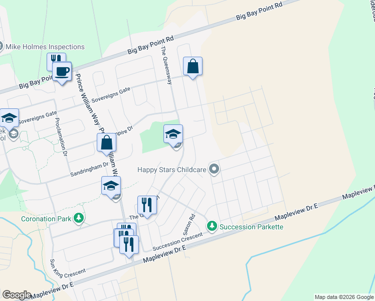 map of restaurants, bars, coffee shops, grocery stores, and more near 79 The Queensway in Barrie