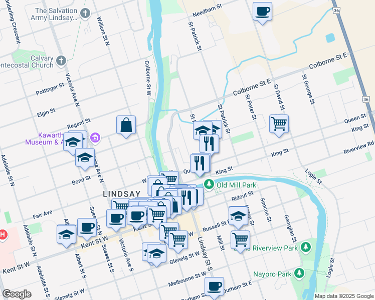 map of restaurants, bars, coffee shops, grocery stores, and more near 22 Caroline Street in Lindsay