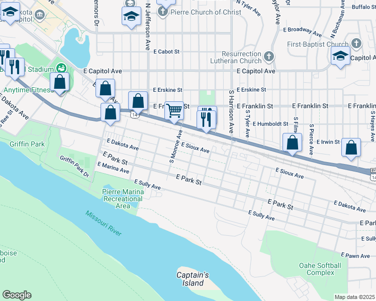 map of restaurants, bars, coffee shops, grocery stores, and more near 1310 E Sioux Ave in Pierre