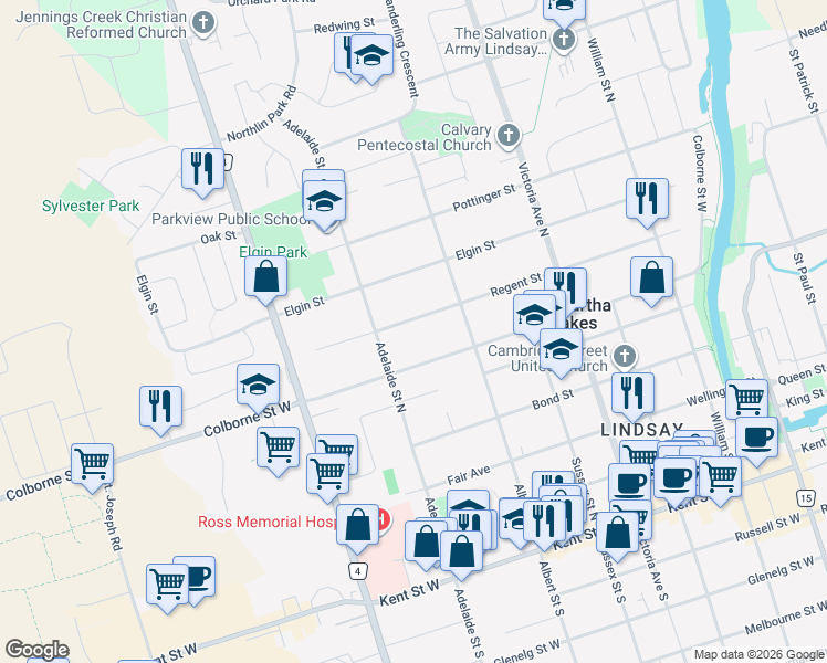 map of restaurants, bars, coffee shops, grocery stores, and more near 107 Regent Street in Kawartha Lakes