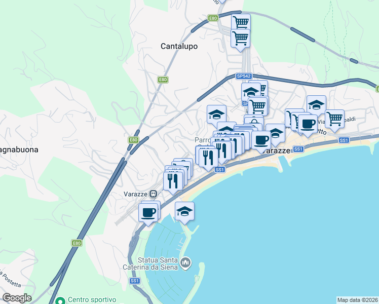 map of restaurants, bars, coffee shops, grocery stores, and more near 23 Via Villagrande in Varazze