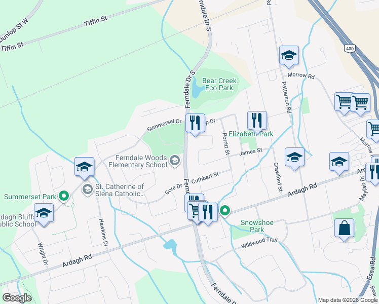 map of restaurants, bars, coffee shops, grocery stores, and more near 153 Ferndale Drive South in Barrie