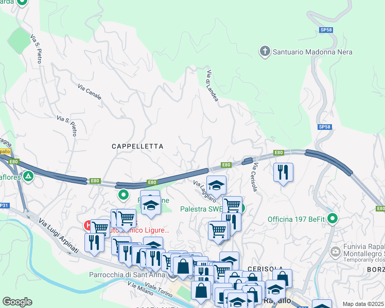 map of restaurants, bars, coffee shops, grocery stores, and more near 28 Via del Molinello in Rapallo