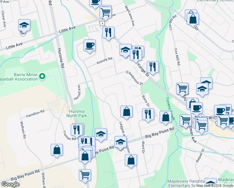 map of restaurants, bars, coffee shops, grocery stores, and more near 34 Moir Crescent in Barrie
