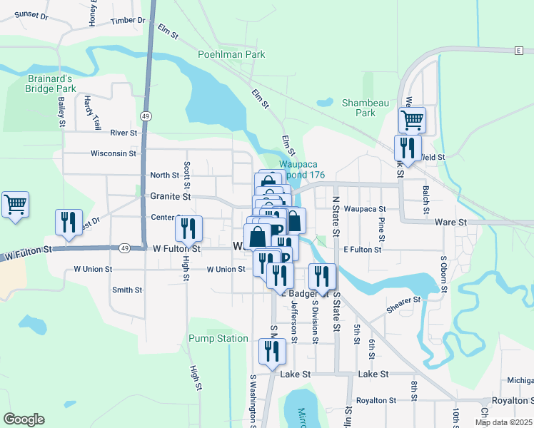 map of restaurants, bars, coffee shops, grocery stores, and more near 221 North Main Street in Waupaca