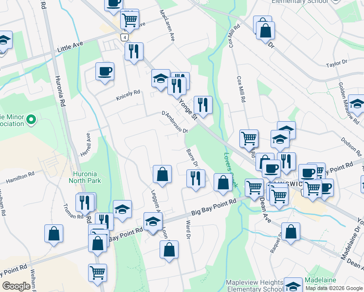 map of restaurants, bars, coffee shops, grocery stores, and more near 14 Barre Drive in Barrie