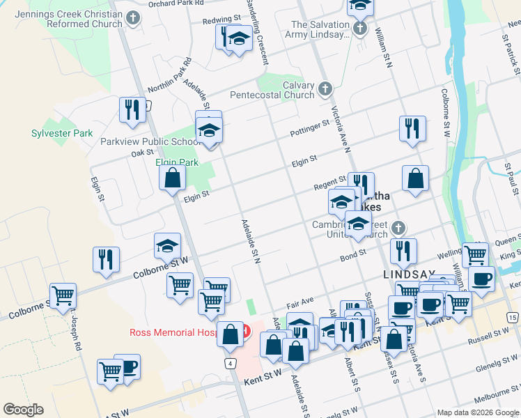 map of restaurants, bars, coffee shops, grocery stores, and more near 107 Regent Street in Kawartha Lakes