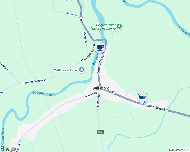 map of restaurants, bars, coffee shops, grocery stores, and more near 3709 Main St in Willsboro