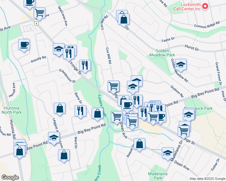map of restaurants, bars, coffee shops, grocery stores, and more near 202 Cox Mill Road in Barrie