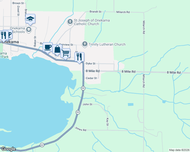 map of restaurants, bars, coffee shops, grocery stores, and more near 5588 Cedar Street in Onekama