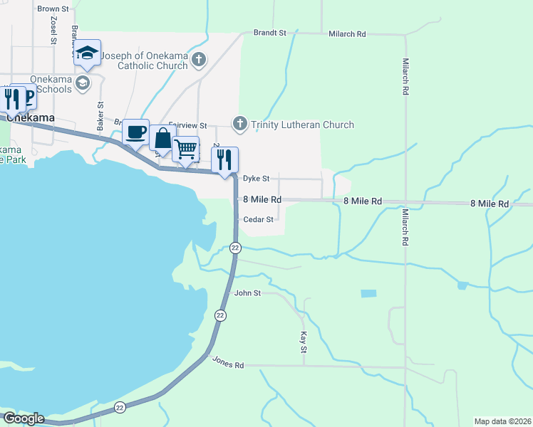 map of restaurants, bars, coffee shops, grocery stores, and more near 5588 Cedar Street in Onekama