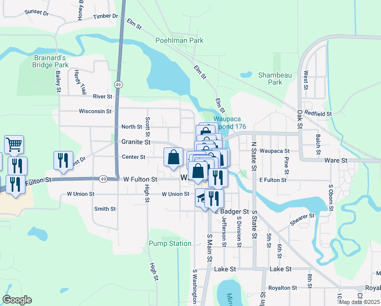 map of restaurants, bars, coffee shops, grocery stores, and more near 219 North Washington Street in Waupaca