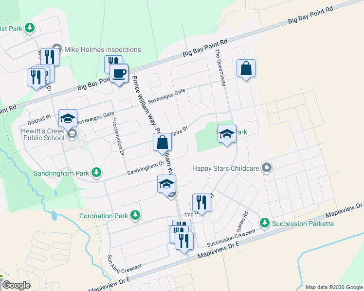 map of restaurants, bars, coffee shops, grocery stores, and more near 22 Pepin Court in Barrie