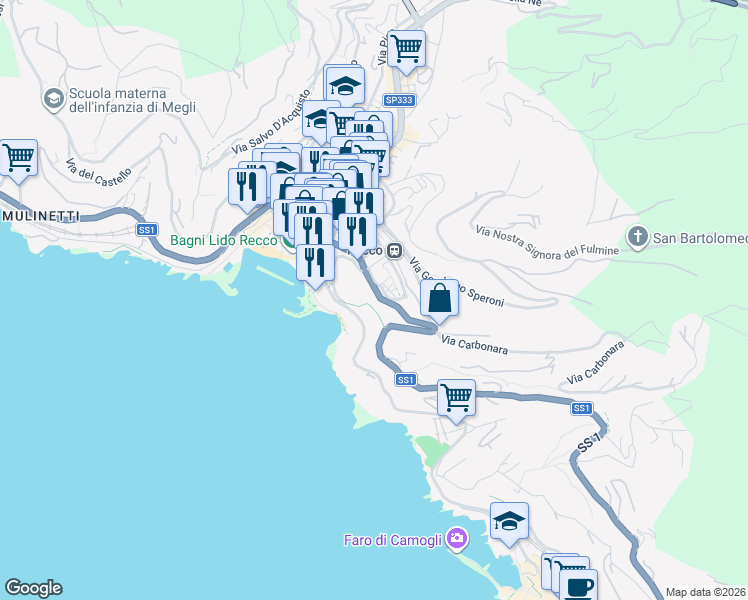 map of restaurants, bars, coffee shops, grocery stores, and more near 8 Via Valleverde in Recco