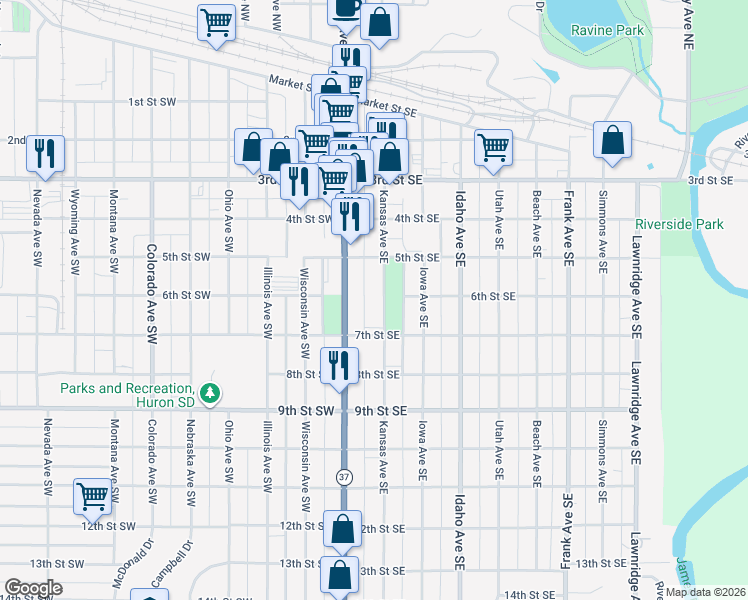 map of restaurants, bars, coffee shops, grocery stores, and more near 601 Kansas Avenue Southeast in Huron
