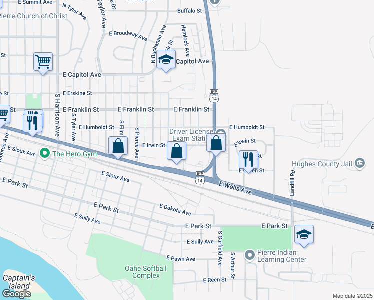 map of restaurants, bars, coffee shops, grocery stores, and more near 2421 East Irwin Street in Pierre