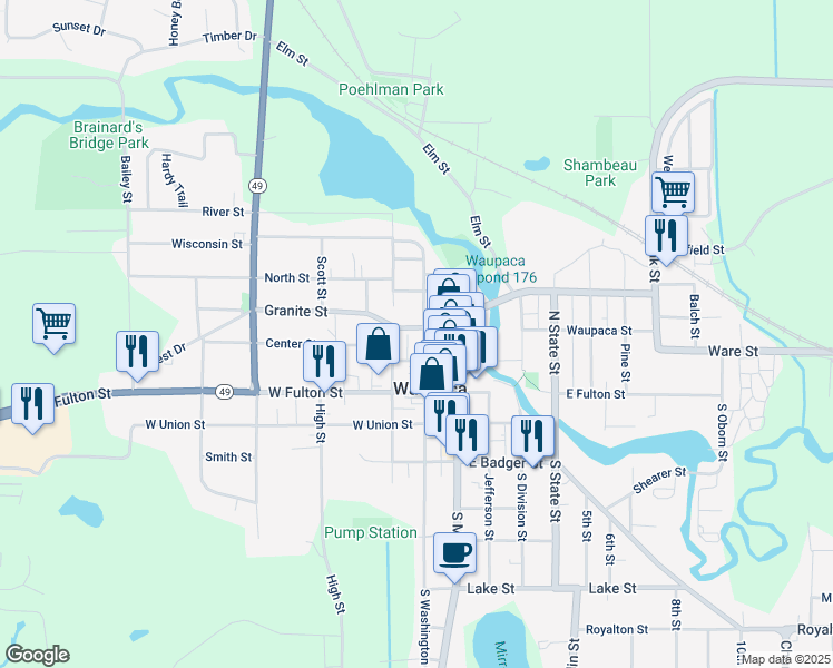 map of restaurants, bars, coffee shops, grocery stores, and more near 219 North Washington Street in Waupaca