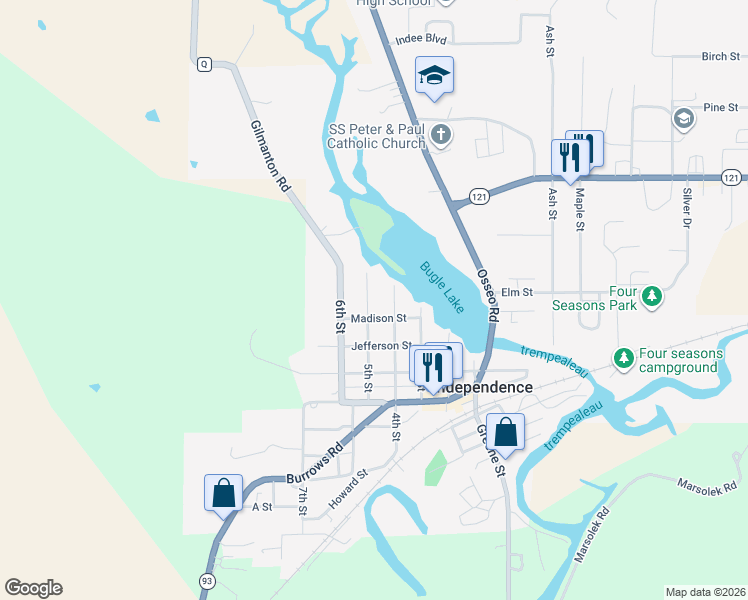 map of restaurants, bars, coffee shops, grocery stores, and more near 35746 5th Street in Independence