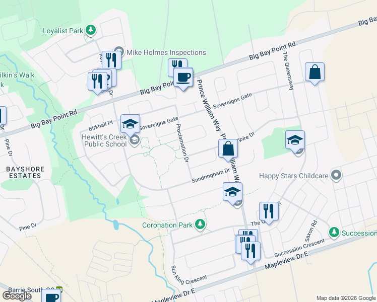 map of restaurants, bars, coffee shops, grocery stores, and more near 204 Proclamation Drive in Barrie
