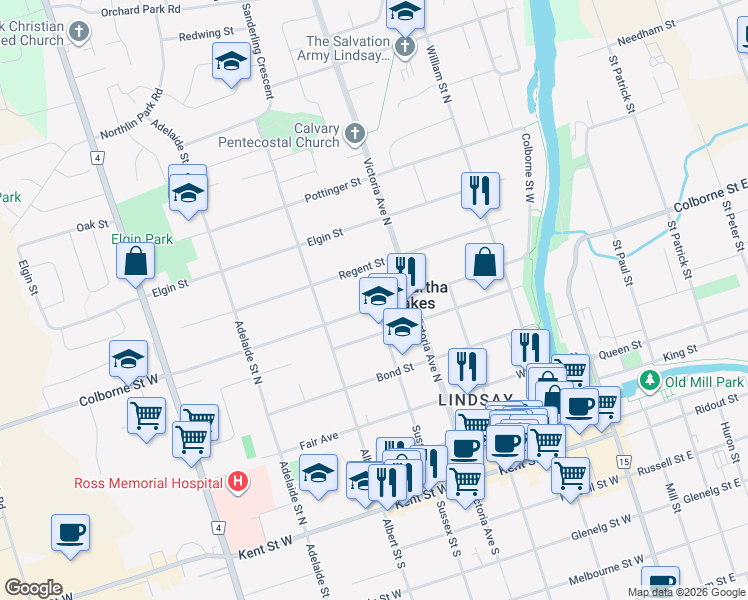 map of restaurants, bars, coffee shops, grocery stores, and more near 52 Colborne Street West in Lindsay