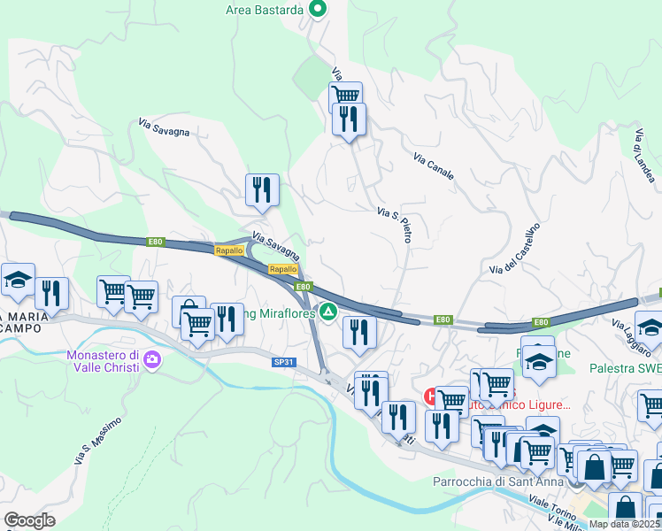 map of restaurants, bars, coffee shops, grocery stores, and more near 3-4 Via Torre Dondero in Rapallo