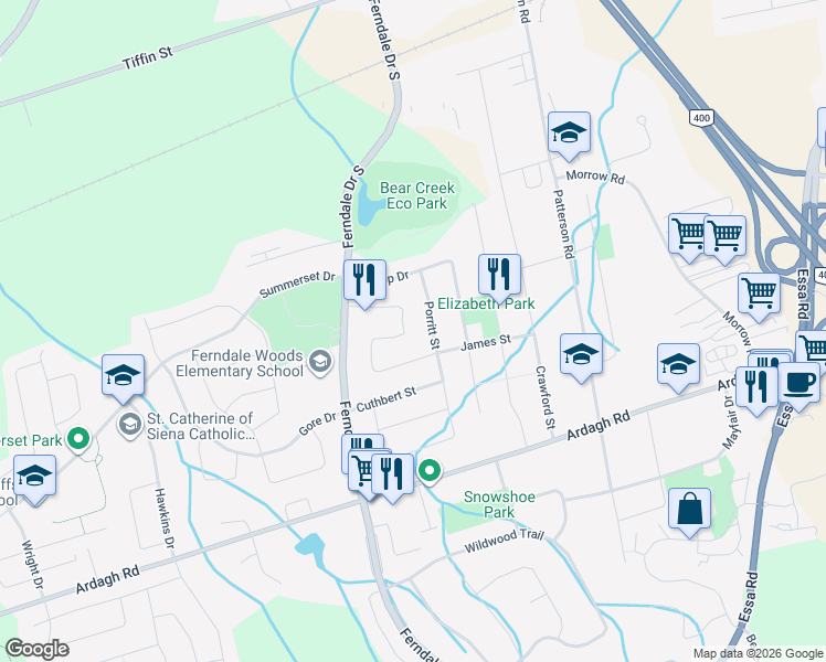 map of restaurants, bars, coffee shops, grocery stores, and more near 110 James Street in Barrie