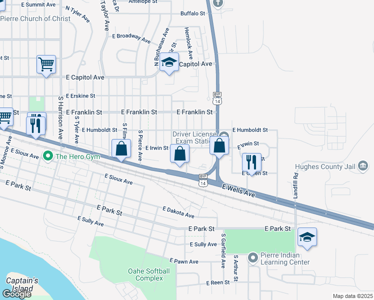 map of restaurants, bars, coffee shops, grocery stores, and more near 2401 East Irwin Street in Pierre