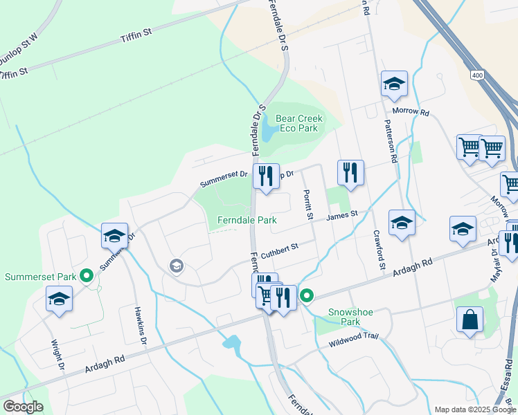 map of restaurants, bars, coffee shops, grocery stores, and more near 147 Ferndale Drive South in Barrie
