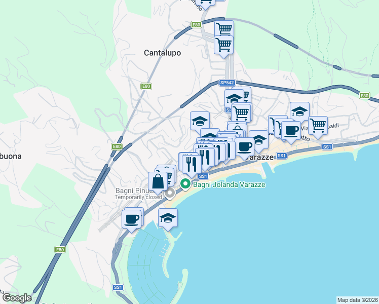 map of restaurants, bars, coffee shops, grocery stores, and more near 11 Via Roma in Varazze