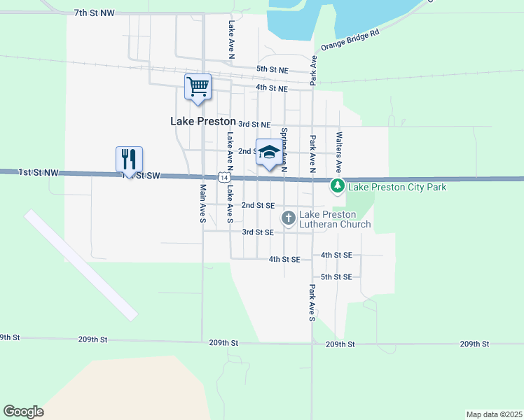 map of restaurants, bars, coffee shops, grocery stores, and more near 200 Fremont Avenue South in Lake Preston