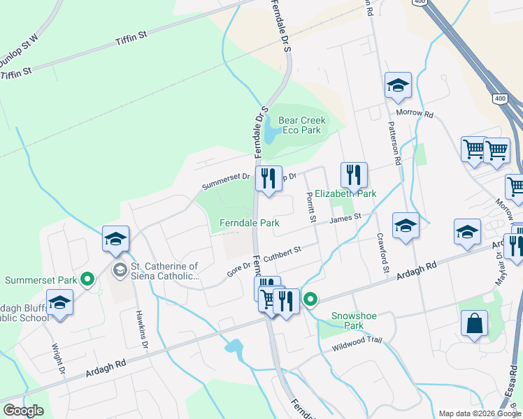 map of restaurants, bars, coffee shops, grocery stores, and more near 147 Ferndale Drive South in Barrie