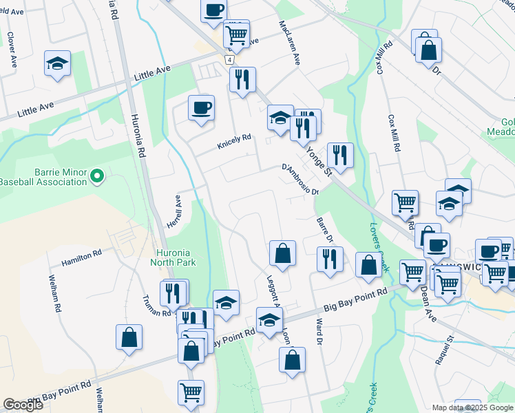 map of restaurants, bars, coffee shops, grocery stores, and more near 26 Moir Crescent in Barrie