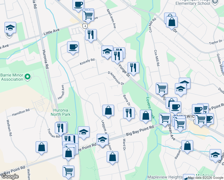 map of restaurants, bars, coffee shops, grocery stores, and more near 119 D'Ambrosio Drive in Barrie